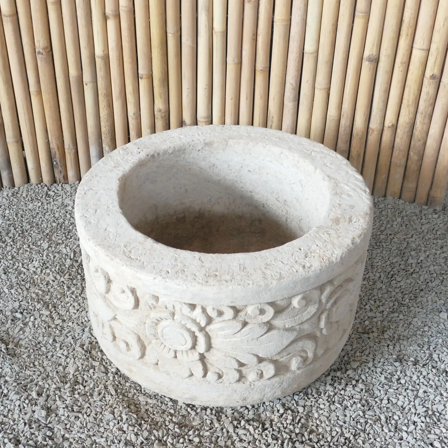  Product image 8 of the product “Balinese style tube round pot, with carving - 70cm Dia., 40 cm Height, Taro sand ”